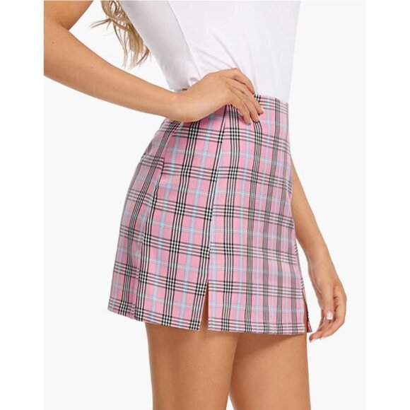 Pink Plaid Checker Print High Waist Fitted Split Pencil Bodycon Mini Skirt - Picture 2 of 7